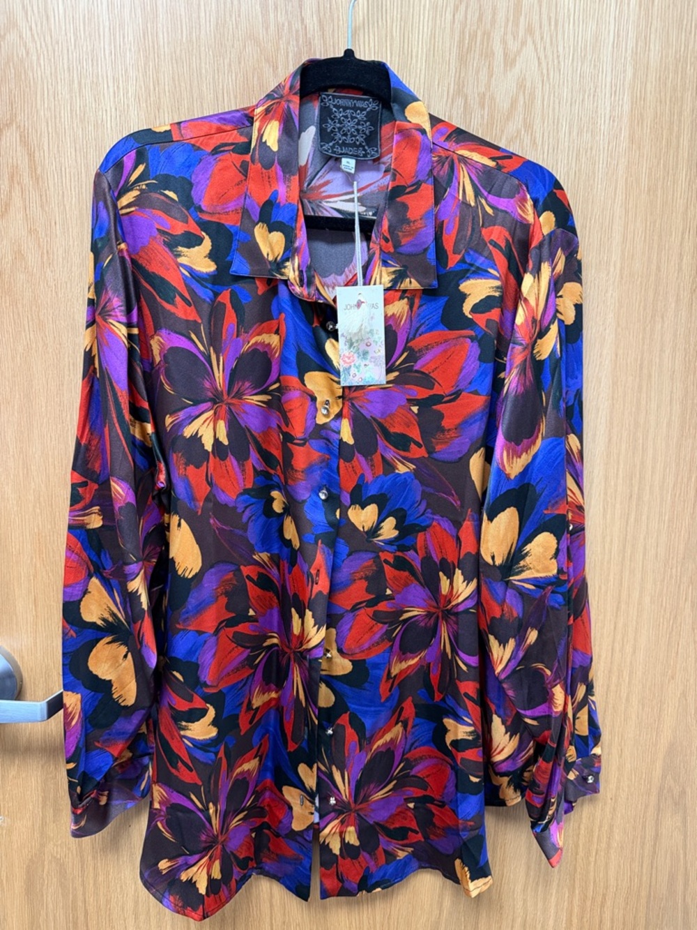 Johnny Was 100% silk Vibrant Floral Button-Up Blouse in Red, Blue & Gold